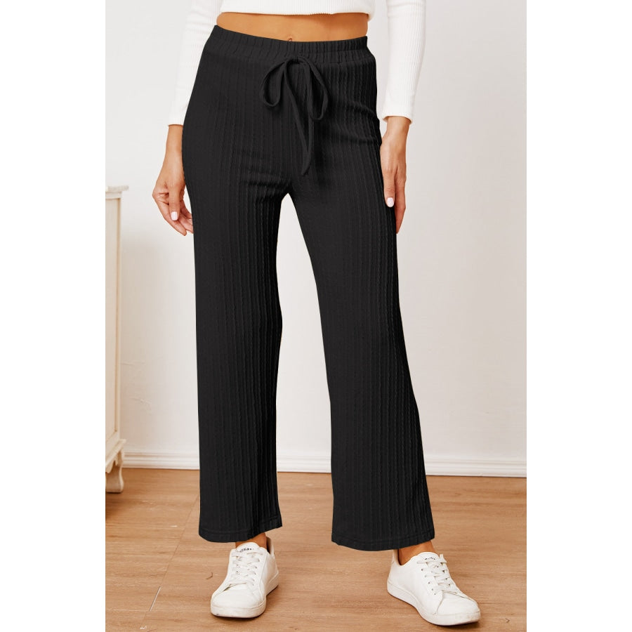 Textured Elastic Waist Straight Pants Black / L Clothing