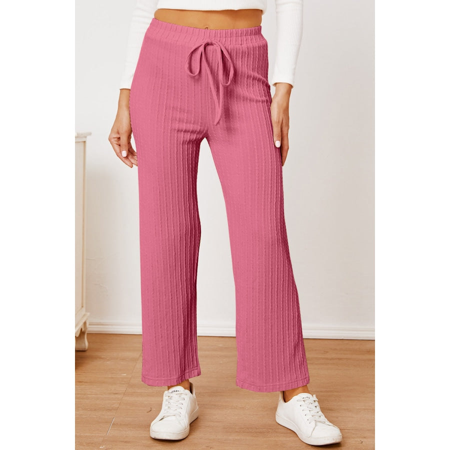 Textured Elastic Waist Straight Pants Hot Pink / M Clothing