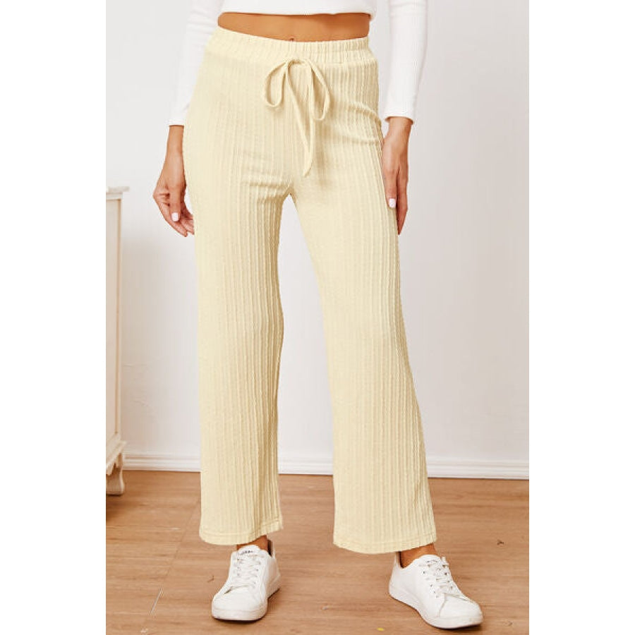 Textured Elastic Waist Straight Pants Pastel Yellow / S Clothing