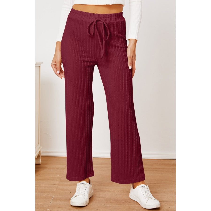 Textured Elastic Waist Straight Pants Wine / L Clothing