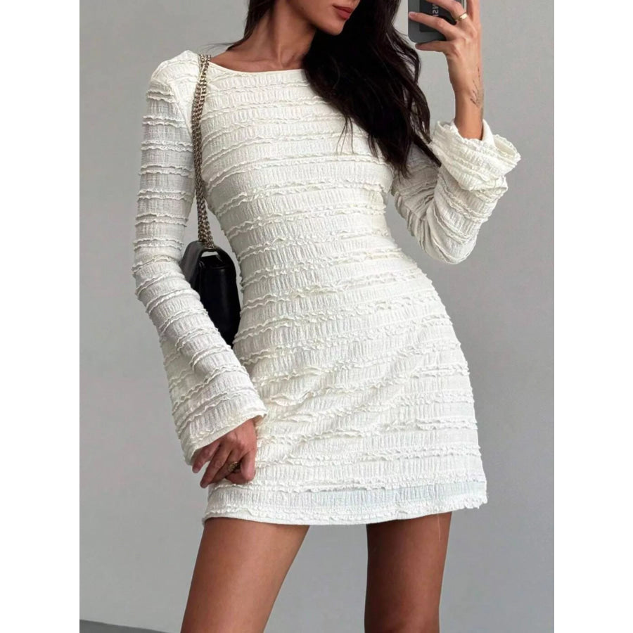 Textured Flare Sleeve Bodycon Mini Dress Apricot / S Apparel and Accessories