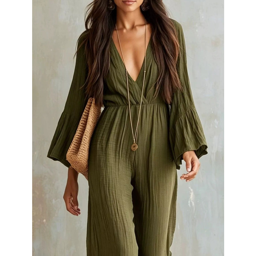 Textured Flare Sleeve Jumpsuit Apparel and Accessories