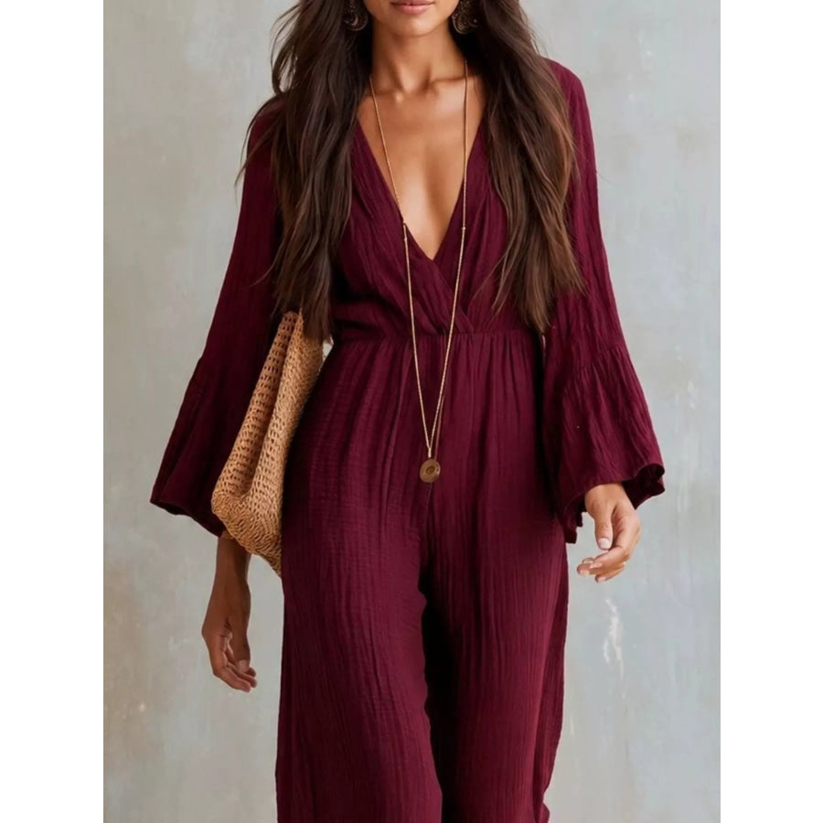 Textured Flare Sleeve Jumpsuit Apparel and Accessories
