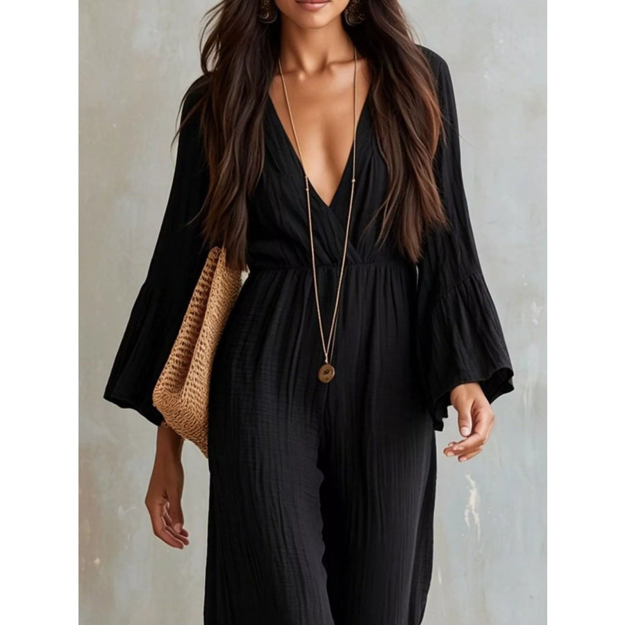 Textured Flare Sleeve Jumpsuit Apparel and Accessories