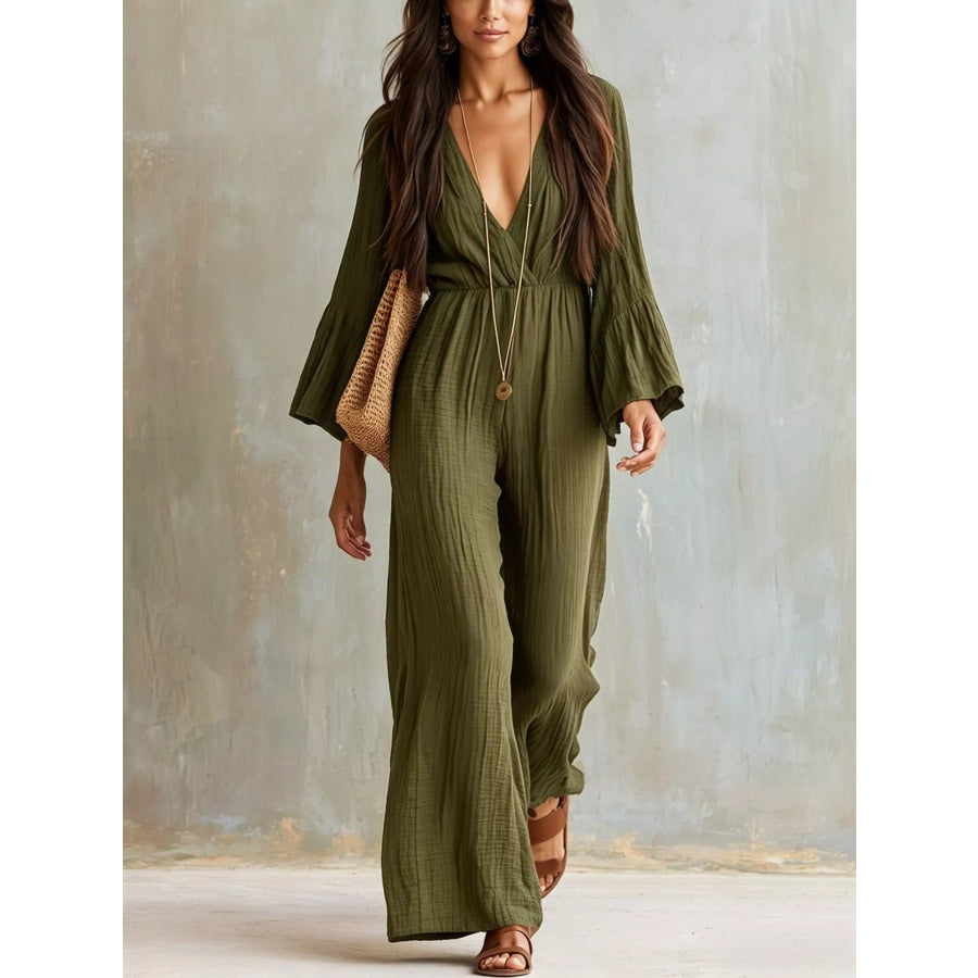 Textured Flare Sleeve Jumpsuit Army Green / S Apparel and Accessories
