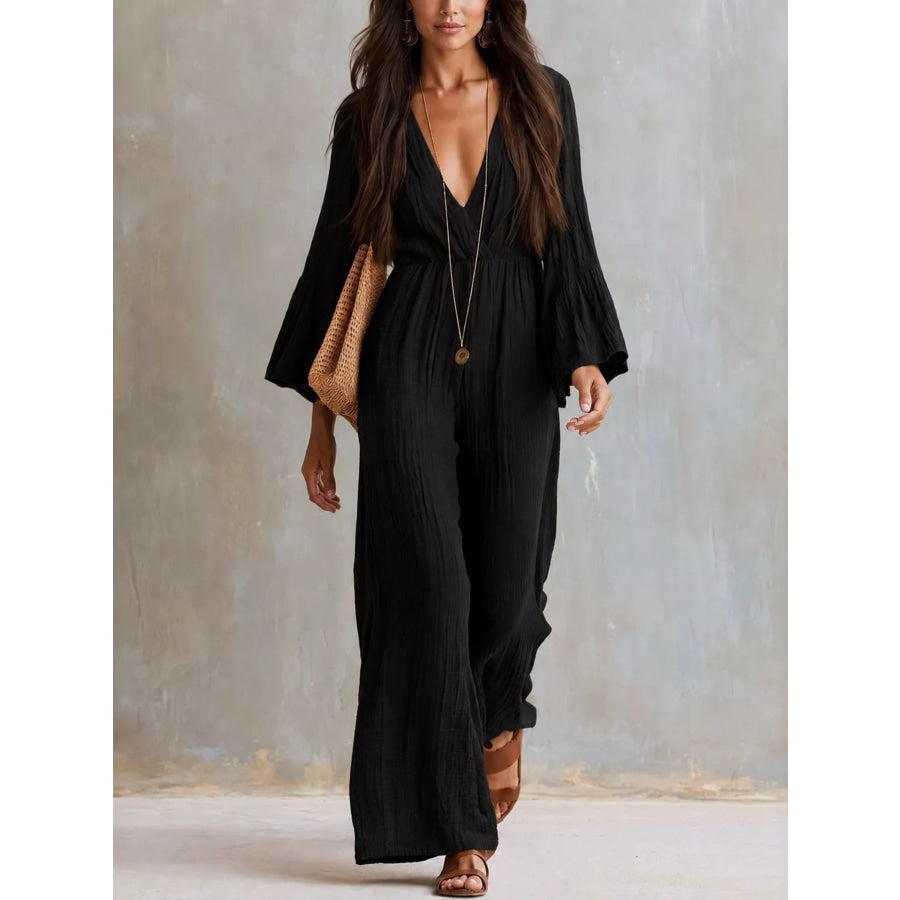 Textured Flare Sleeve Jumpsuit Black / S Apparel and Accessories
