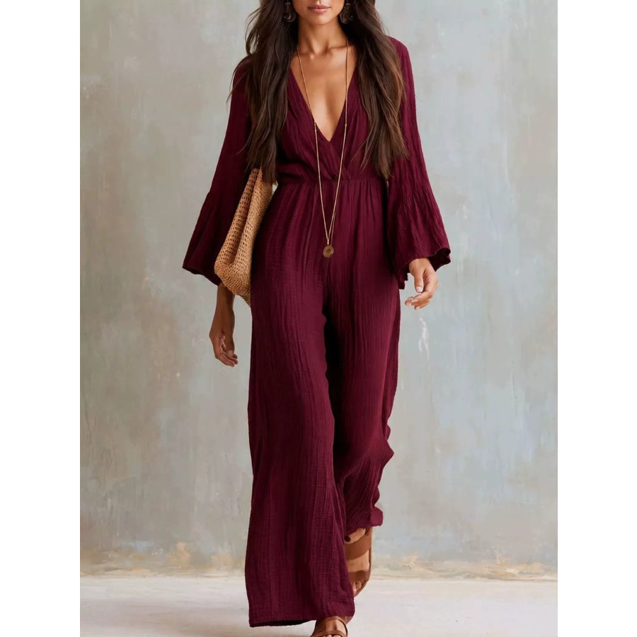 Textured Flare Sleeve Jumpsuit Burgundy / S Apparel and Accessories