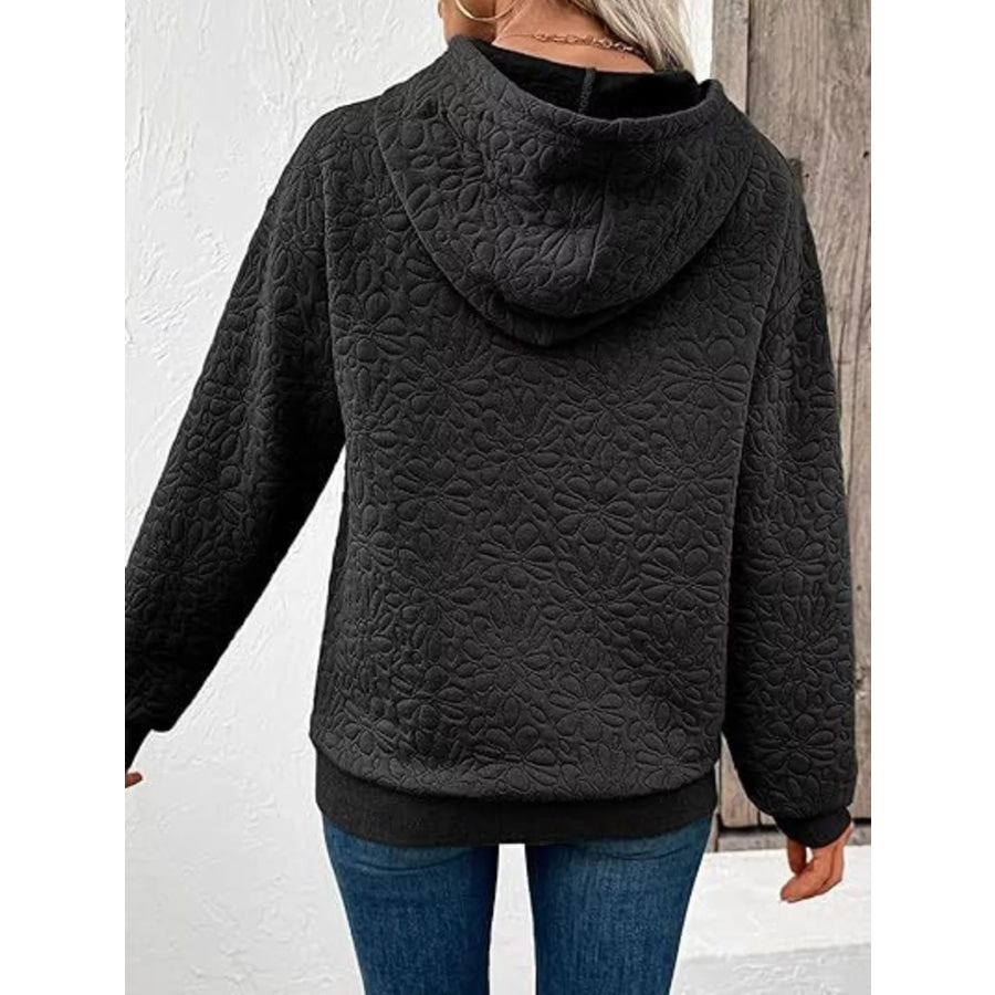 Textured Floral Embossed Drawstring Hoodie Apparel and Accessories