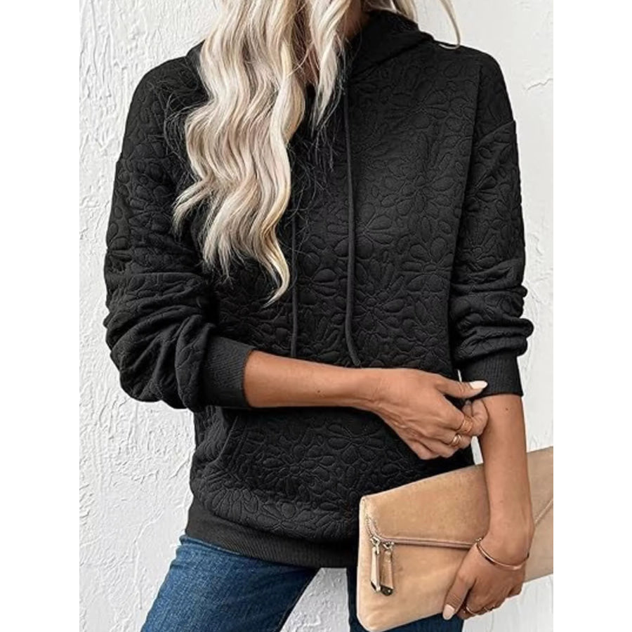 Textured Floral Embossed Drawstring Hoodie Apparel and Accessories
