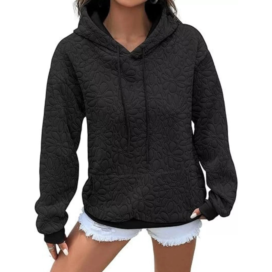 Textured Floral Embossed Drawstring Hoodie Apparel and Accessories