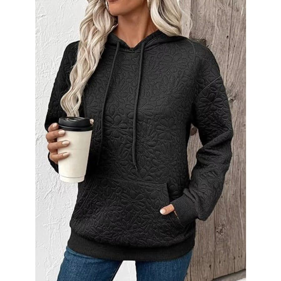 Textured Floral Embossed Drawstring Hoodie Black / S Apparel and Accessories