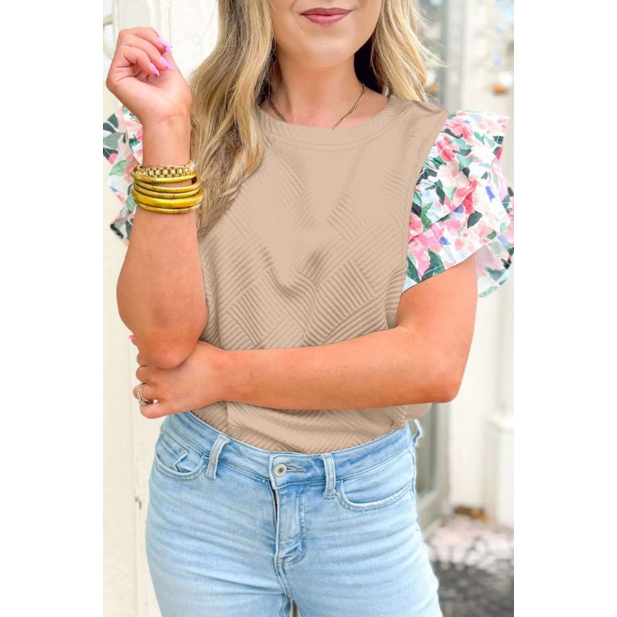 Textured Floral Ruffle Sleeve Blouse Apparel and Accessories