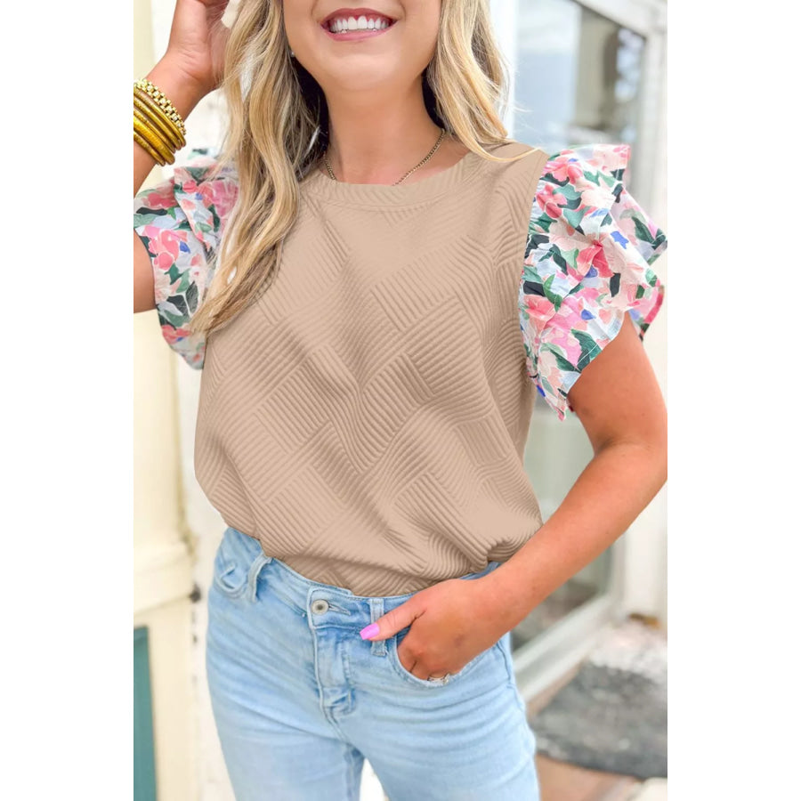 Textured Floral Ruffle Sleeve Blouse Khaki / S Apparel and Accessories