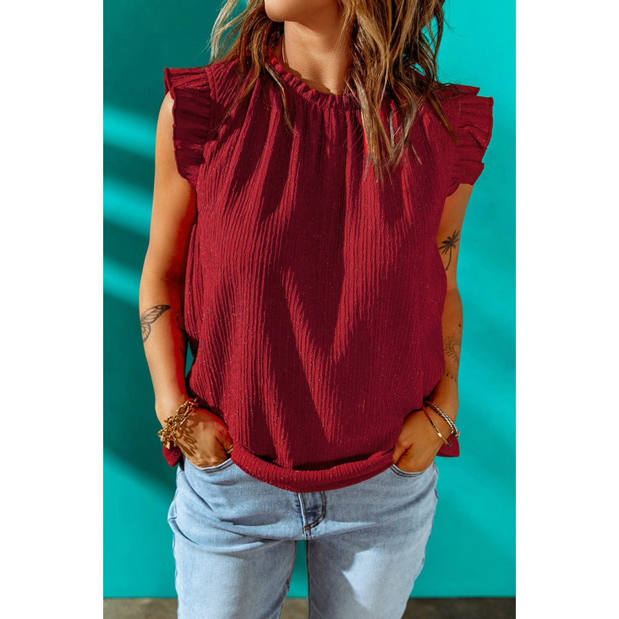 Textured Flutter Sleeve Frill Neck Blouse Deep Red / S