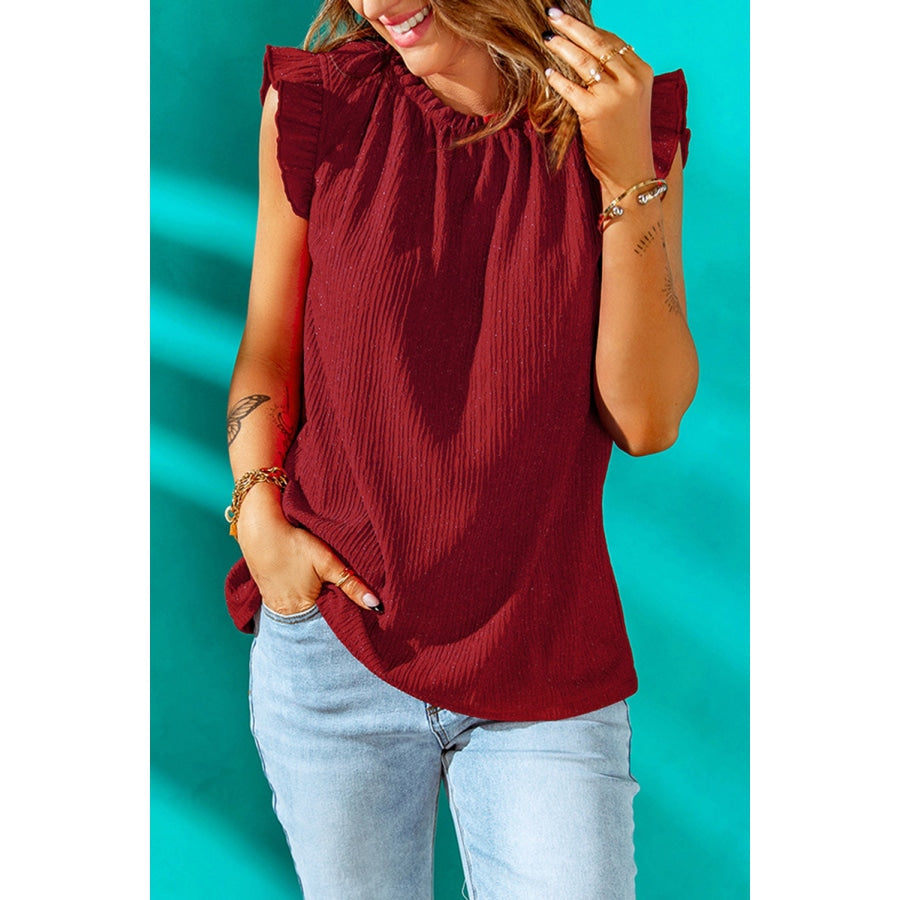 Textured Flutter Sleeve Frill Neck Blouse