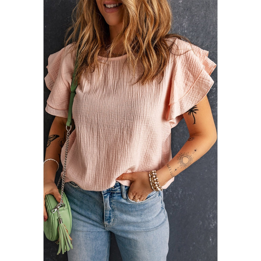 Textured Flutter Sleeve Keyhole Blouse Pink / 2XL