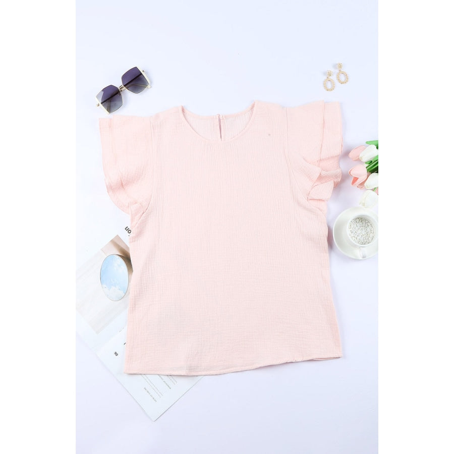 Textured Flutter Sleeve Keyhole Blouse