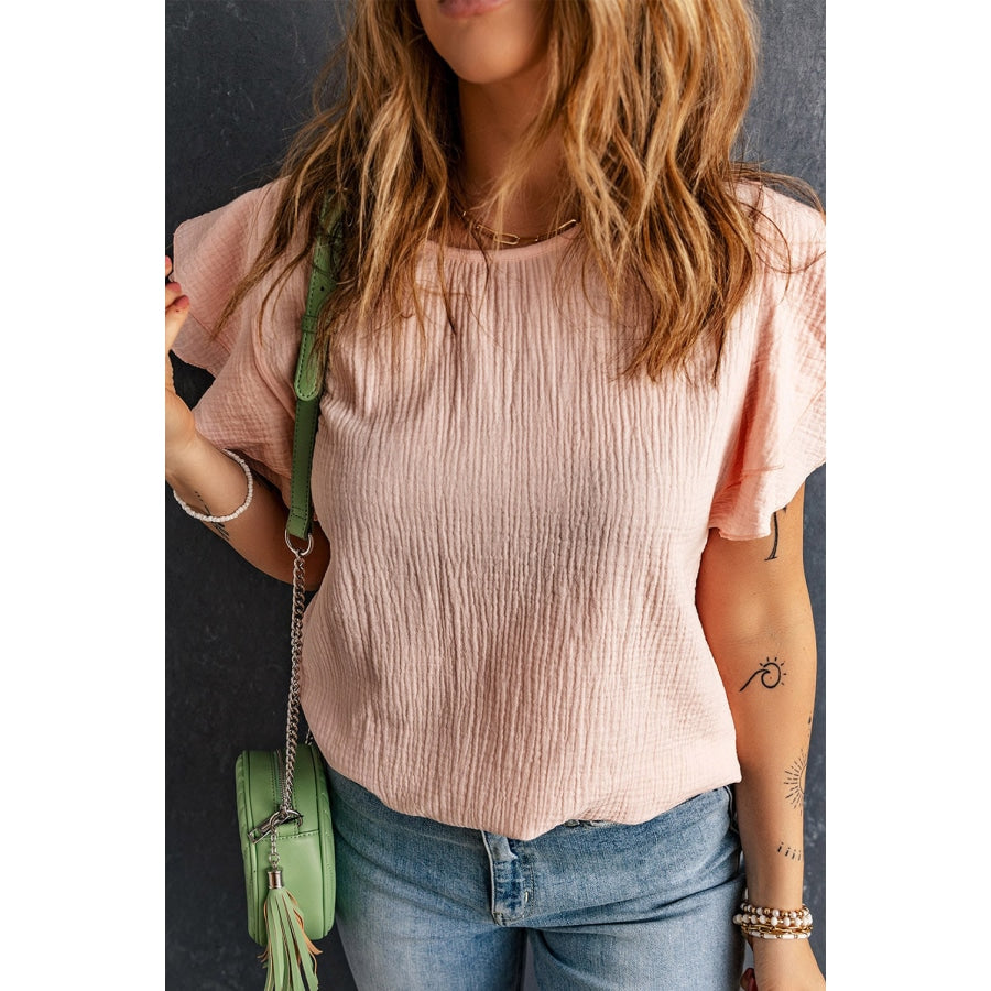 Textured Flutter Sleeve Keyhole Blouse