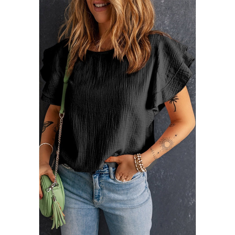 Textured Flutter Sleeve Keyhole Blouse