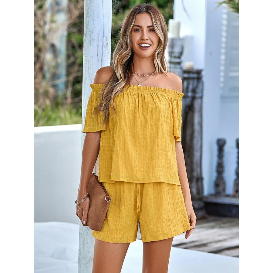 Textured Frill Trim Off-Shoulder Top and Shorts Set Mustard / S