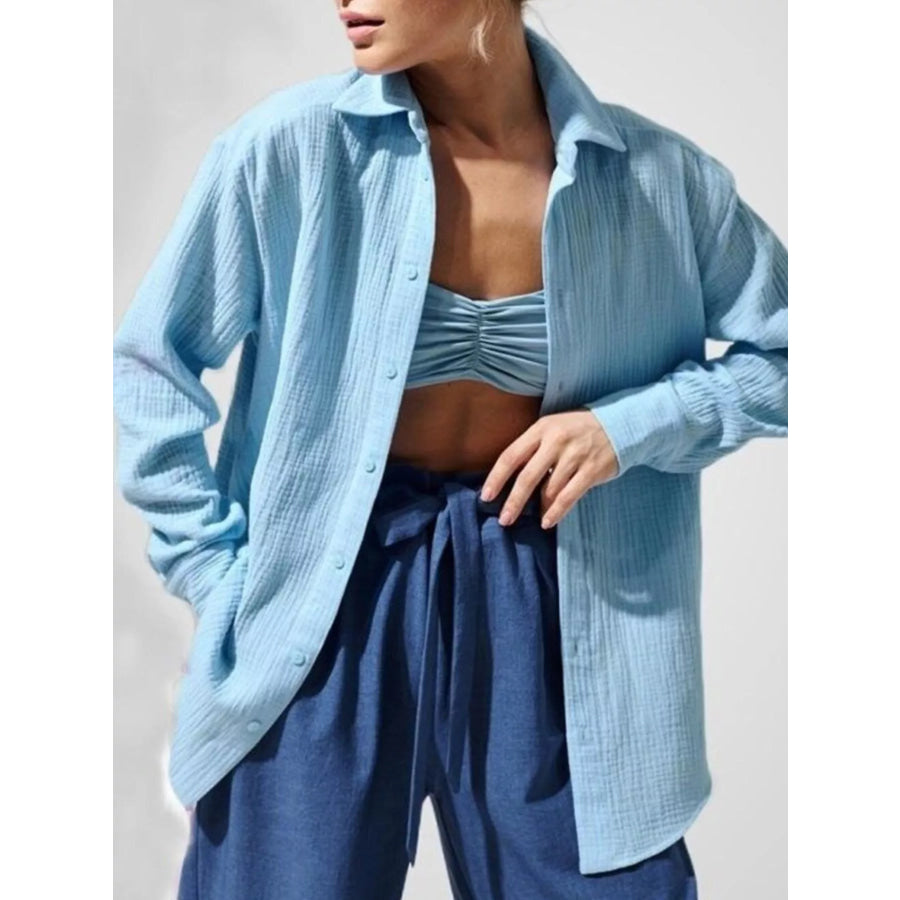 Textured Gauze Button-Down Shirt Blue / S Apparel and Accessories