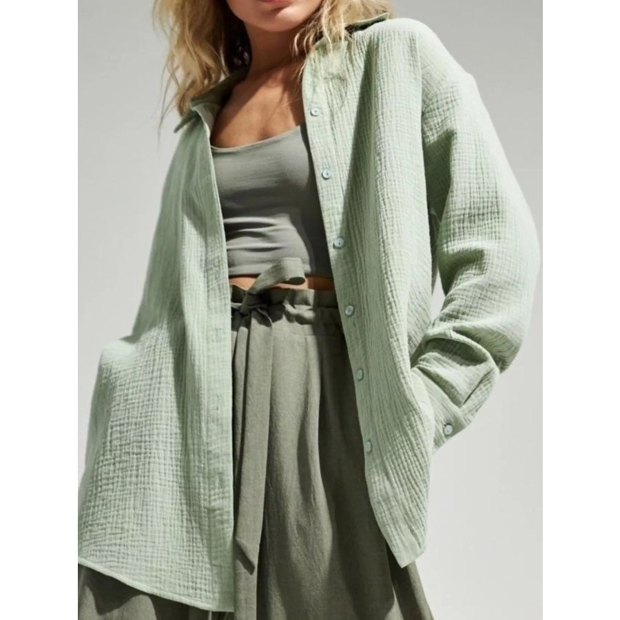 Textured Gauze Button-Down Shirt Light Green / S Apparel and Accessories