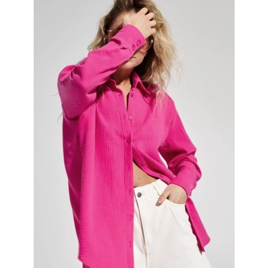Textured Gauze Button-Down Shirt Rose Red / S Apparel and Accessories