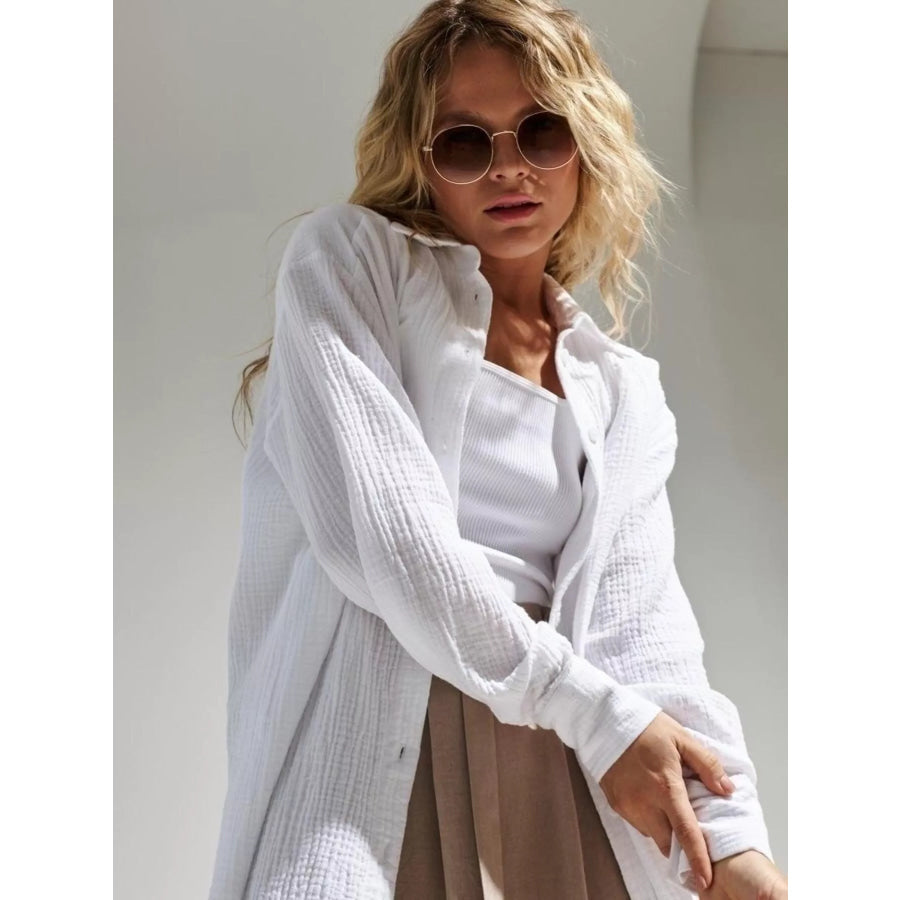 Textured Gauze Button-Down Shirt White / S Apparel and Accessories