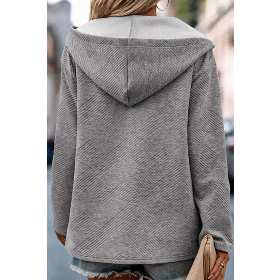 Textured Half Button Dropped Shoulder Hoodie Apparel and Accessories