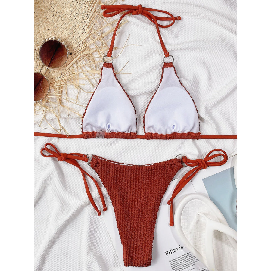 Textured Halter Neck Tie Side Bikini Set Apparel and Accessories