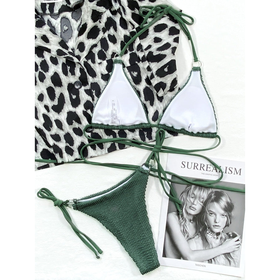 Textured Halter Neck Tie Side Bikini Set Apparel and Accessories