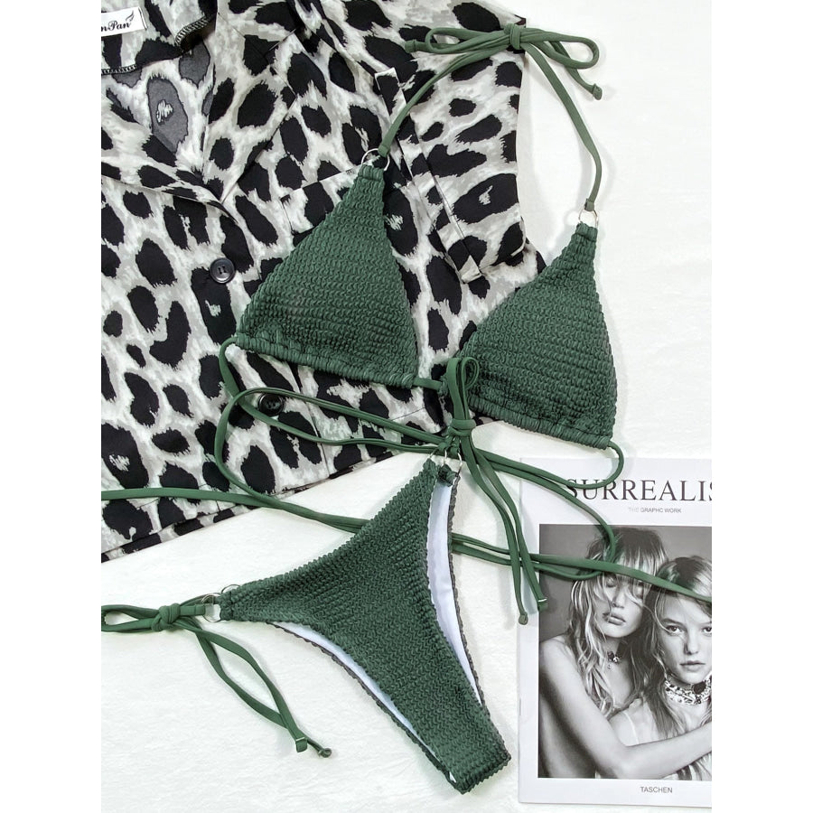 Textured Halter Neck Tie Side Bikini Set Apparel and Accessories