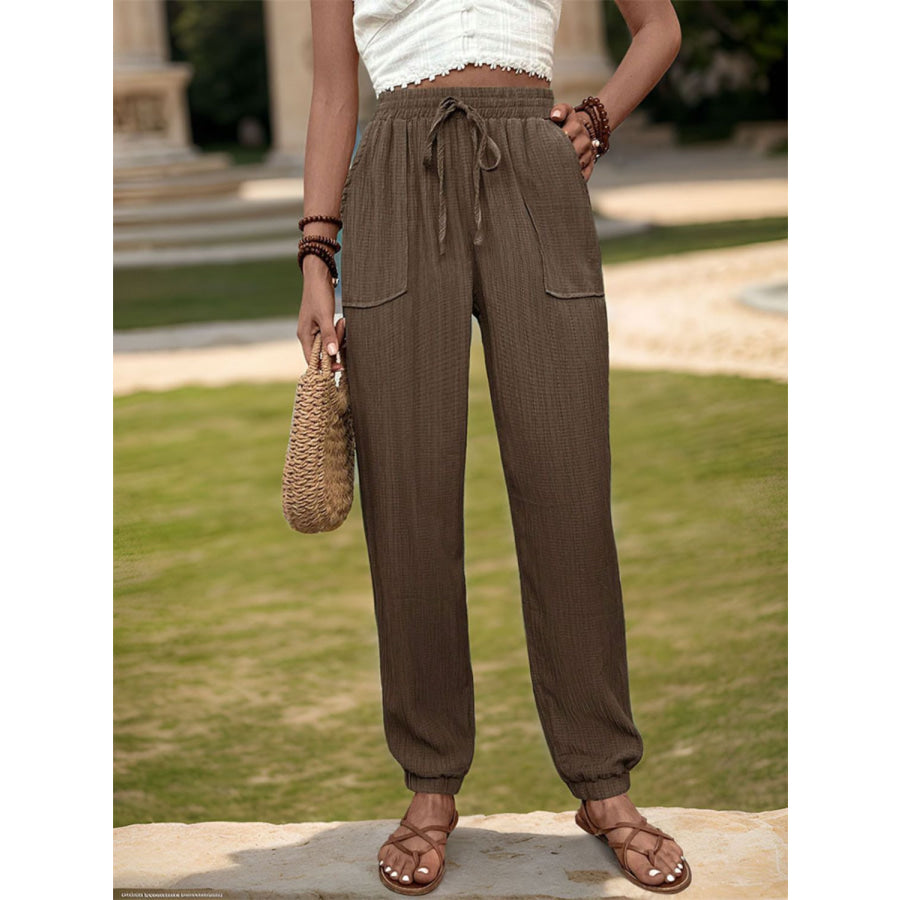 Textured High Waist Joggers Coffee Brown / S Apparel and Accessories