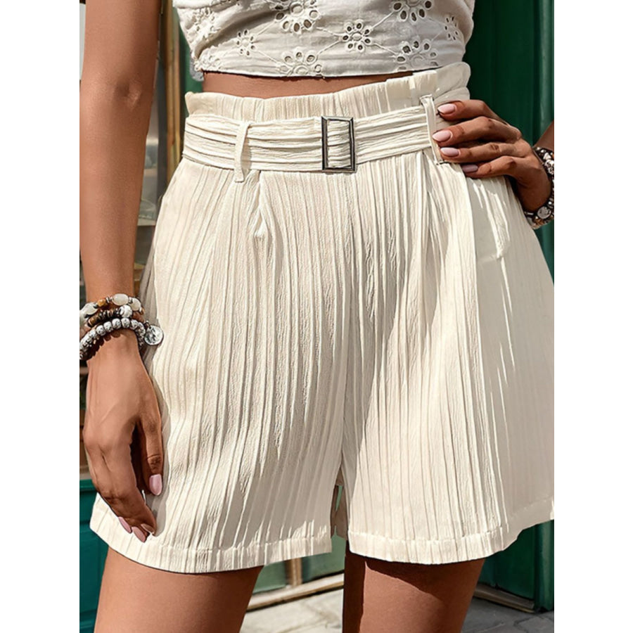 Textured High Waist Shorts with Pockets Apparel and Accessories