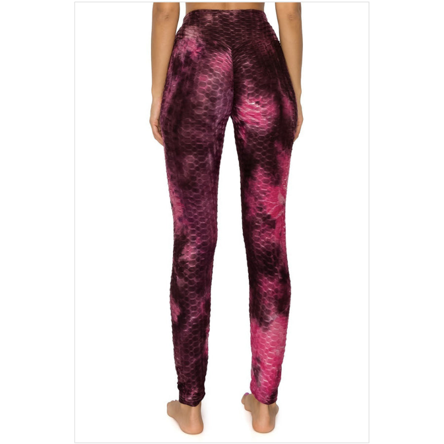 NEW! Textured High Waist Tummy Control Scrunch Butt Tie Dye Leggings Fuchsia/Dark Mauve / S Leggings