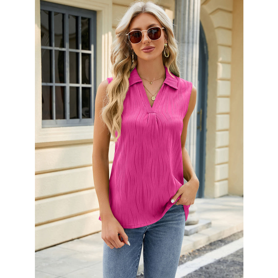 Textured Johnny Collar Tank Hot Pink / S Apparel and Accessories