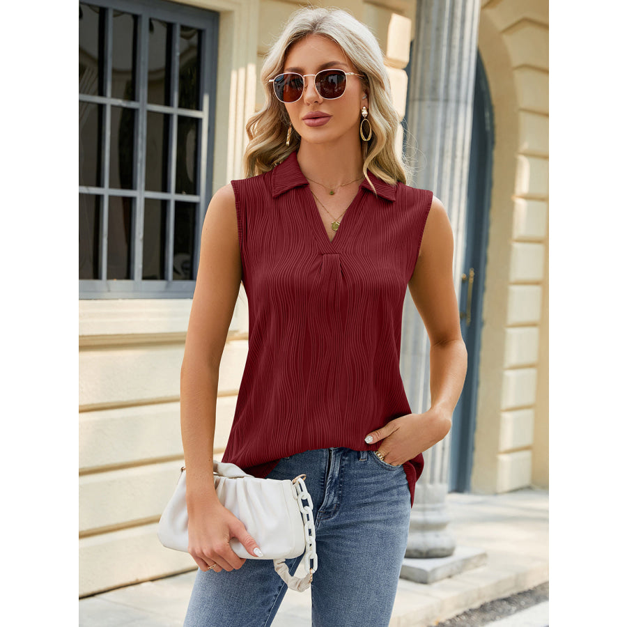 Textured Johnny Collar Tank Wine / S Apparel and Accessories