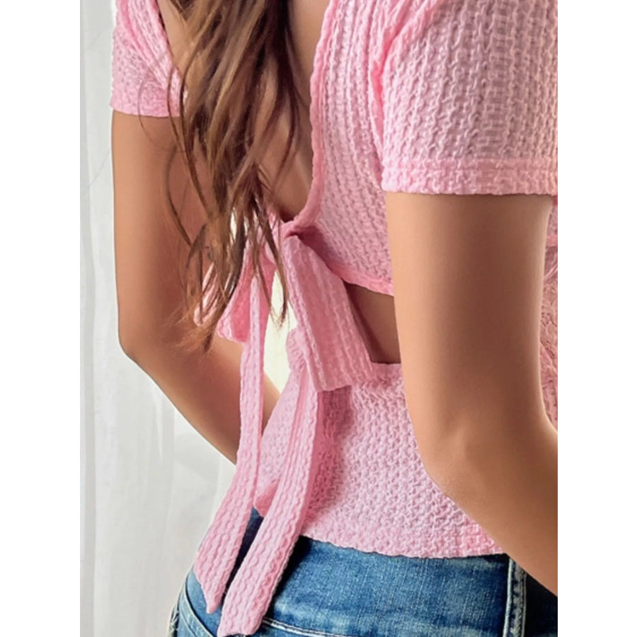Textured Knit Back Tie Slim Fit Top with Lace Detail Apparel and Accessories