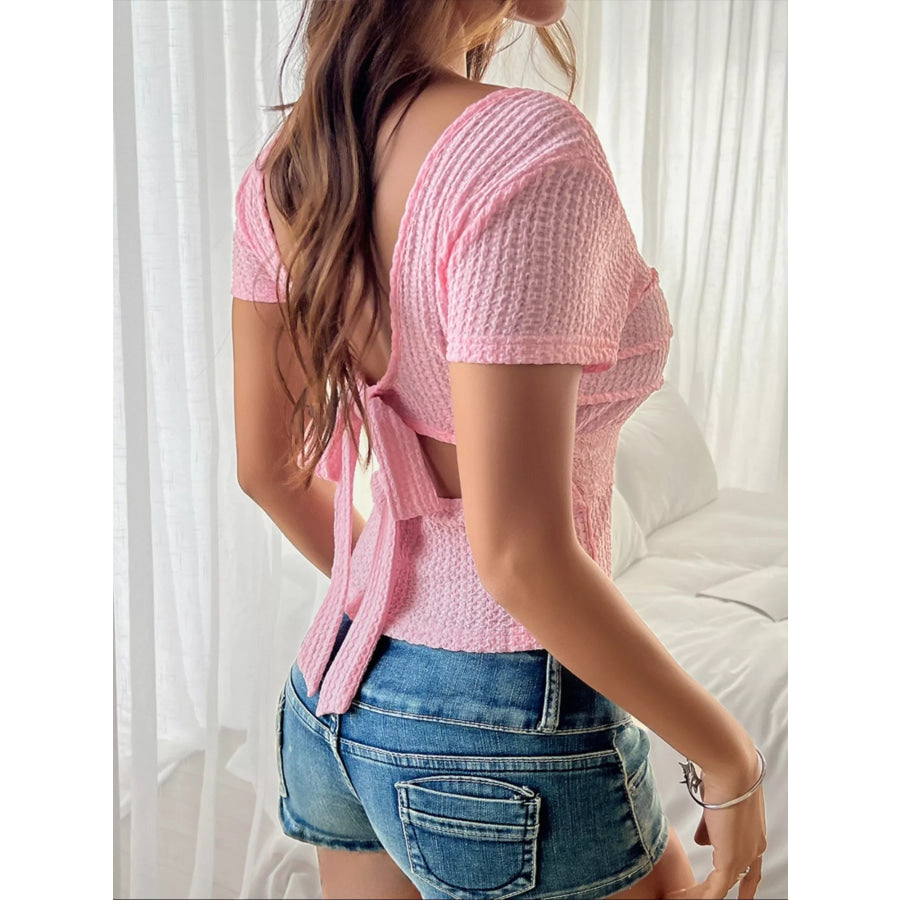 Textured Knit Back Tie Slim Fit Top with Lace Detail Apparel and Accessories