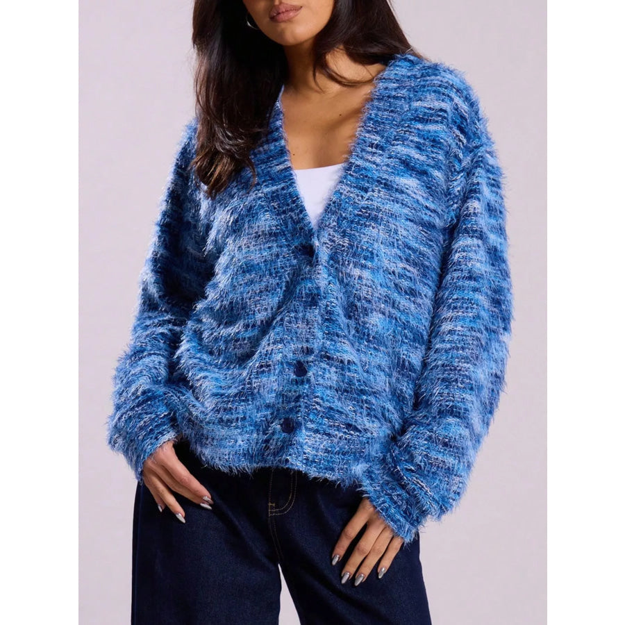 Textured Knit Button-Down Cardigan Blue / S Apparel and Accessories