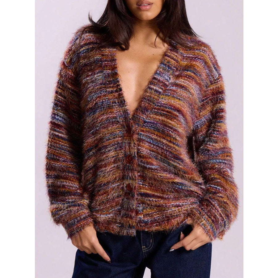 Textured Knit Button-Down Cardigan Dark Brown / S Apparel and Accessories