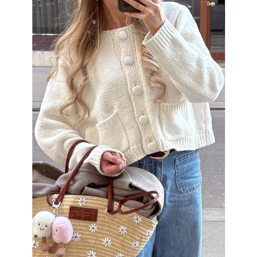 Textured Knit Button-Down Cardigan Ivory / S Apparel and Accessories