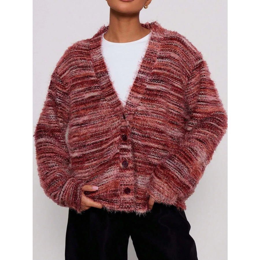 Textured Knit Button-Down Cardigan Rust / S Apparel and Accessories