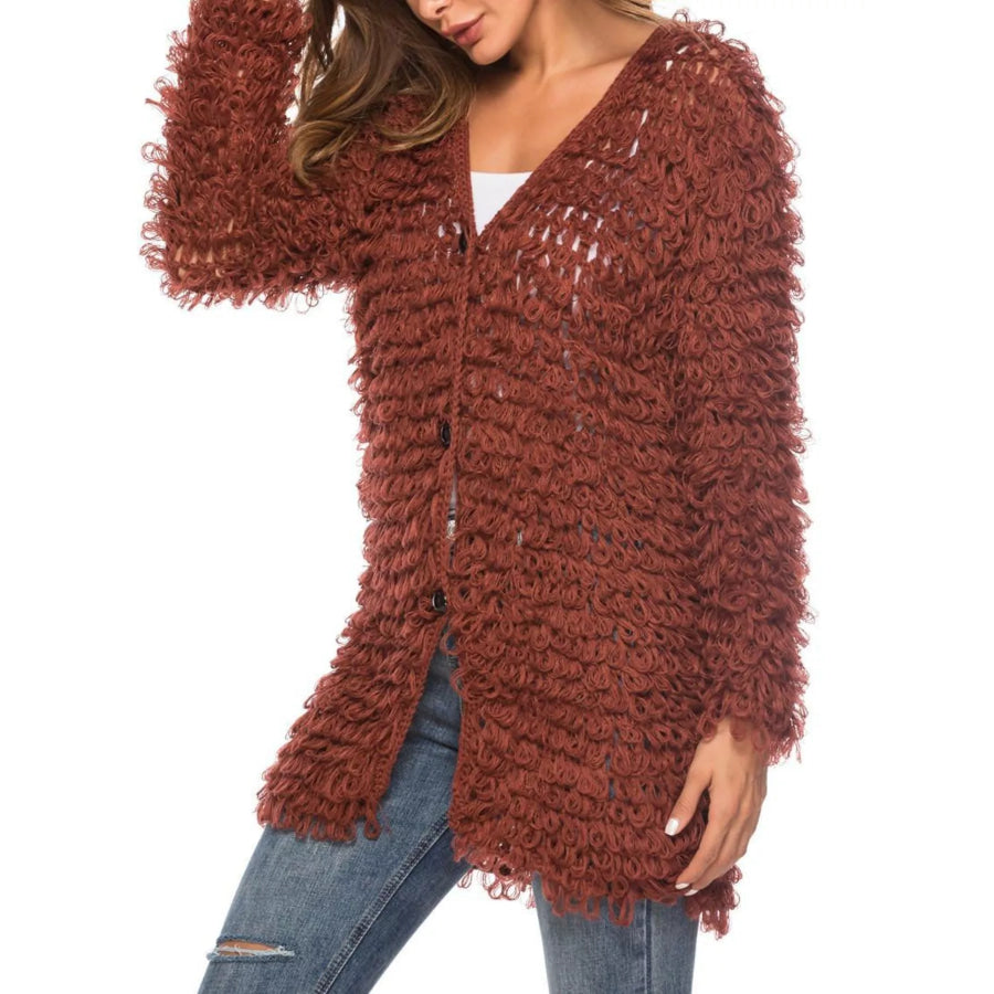 Textured Knit Button Up Cardigan Brown / One Size Apparel and Accessories