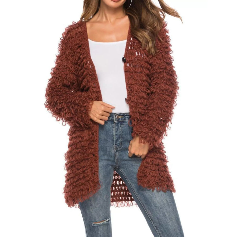 Textured Knit Button Up Cardigan Brown / One Size Apparel and Accessories