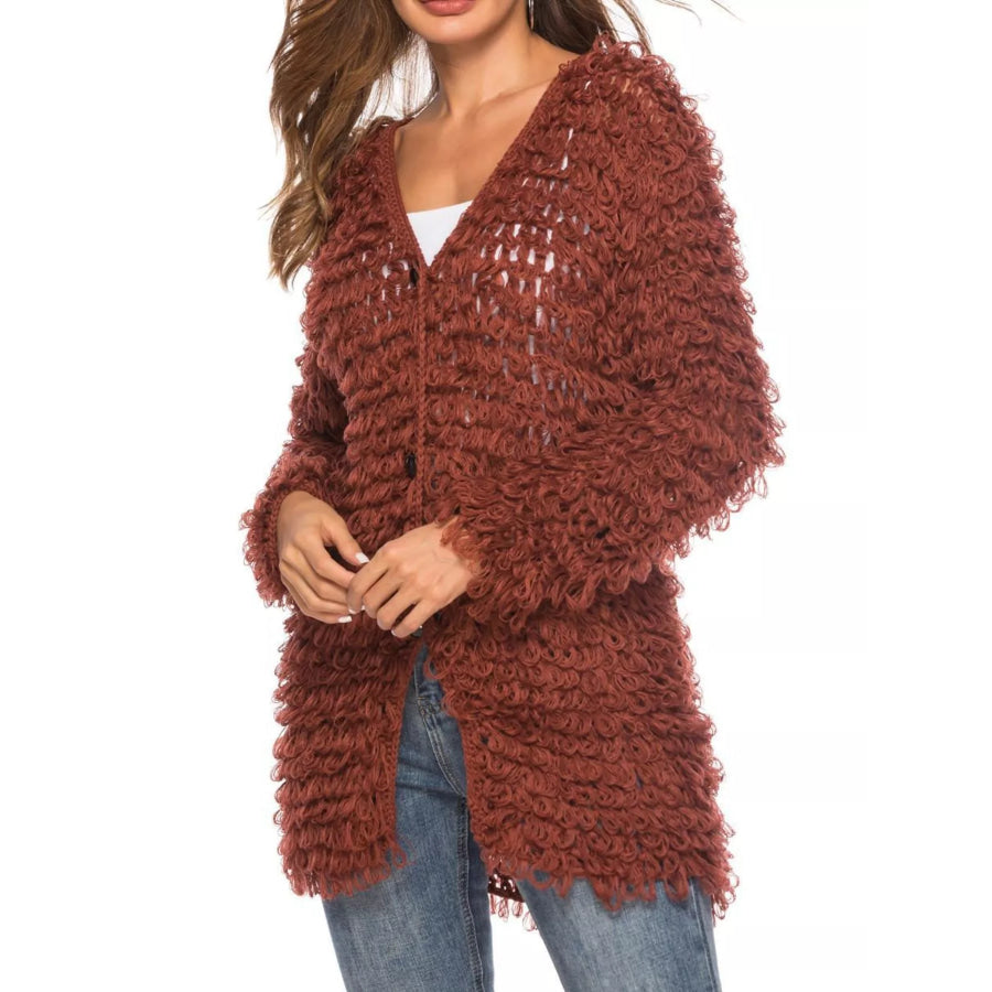 Textured Knit Button Up Cardigan Brown / One Size Apparel and Accessories