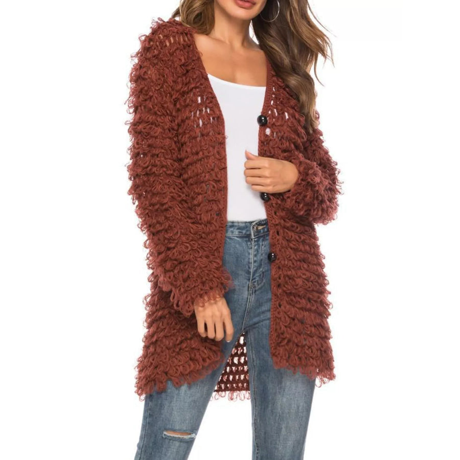 Textured Knit Button Up Cardigan Brown / One Size Apparel and Accessories