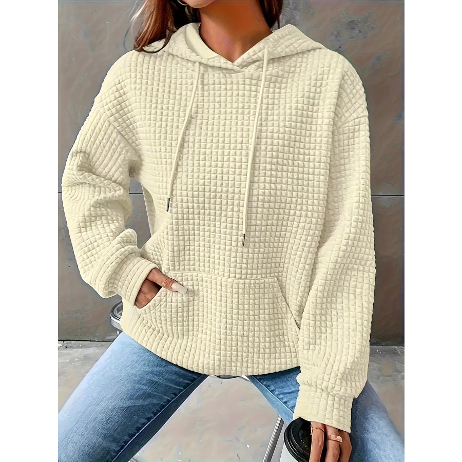 Textured Knit Drawstring Hoodie Apricot / S Apparel and Accessories