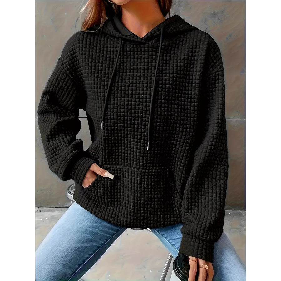 Textured Knit Drawstring Hoodie Black / S Apparel and Accessories