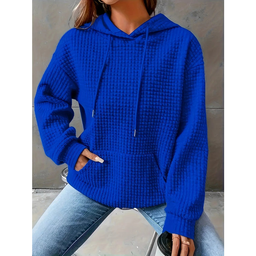 Textured Knit Drawstring Hoodie Blue / S Apparel and Accessories